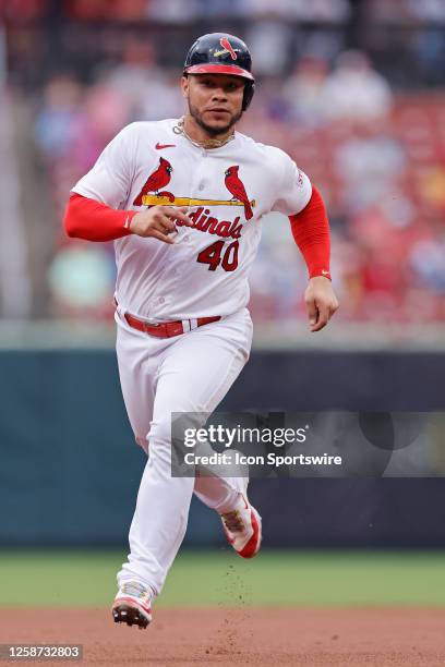 St. Louis Cardinals catcher Willson Contreras runs the bases during an MLB game against the Cincinnati Reds on June 11, 2023 at Busch Stadium in St....