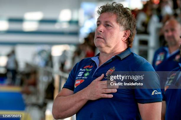 Attila Biro Head coach of Hungary during the national anthem before the women's water polo friendly match between Italy and Hungary. Hungary won 12-9...