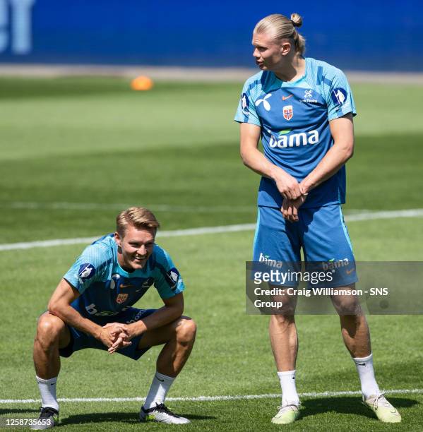 Martin Odegaard and Erling Haaland during a Norway training session at the Ullevaall Stadion, on June 16 in Oslo, Norway.