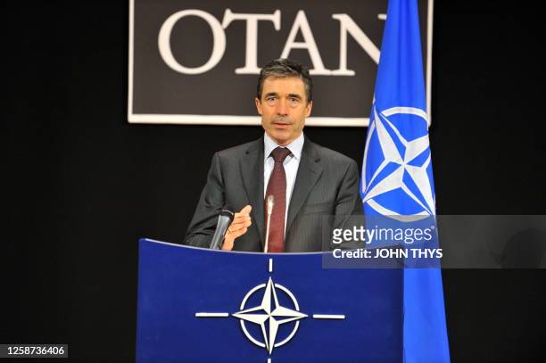 Secretary General Anders Fogh Rasmussen gives a press conference beside a NATO Foreign ministers meeting at the NATO Headquarters in Brussels, on...