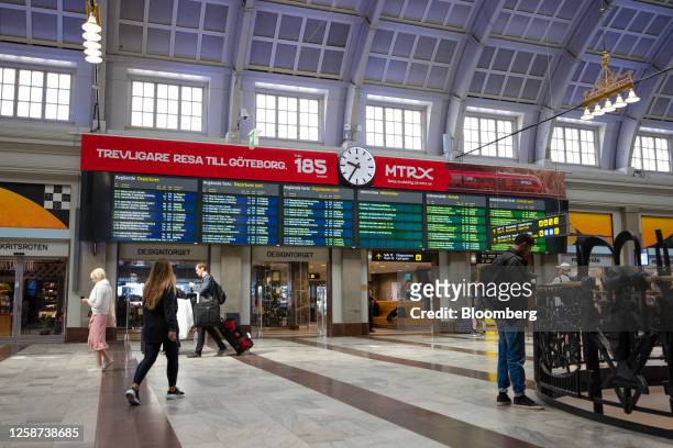 The concourse inside the central railway station in Stockholm, Sweden, on Sunday, June 11, 2023. A price measure that strips out energy costs and the...