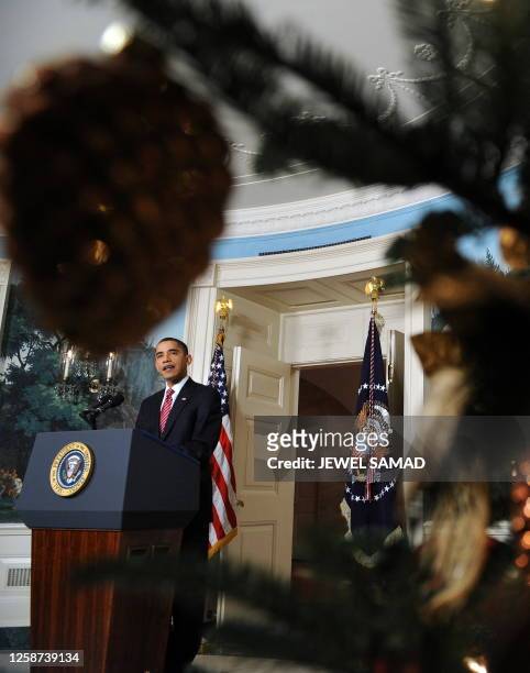 President Barack Obama is seen through a Christmas tree as he delivers a statement on the economy following his meeting with the members of financial...