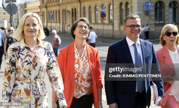 The Finns Party chair Riikka Purra , Christian Democrats chair Sari Essayah, National Coalition Party chair PM-designate Petteri Orpo and Swedish...