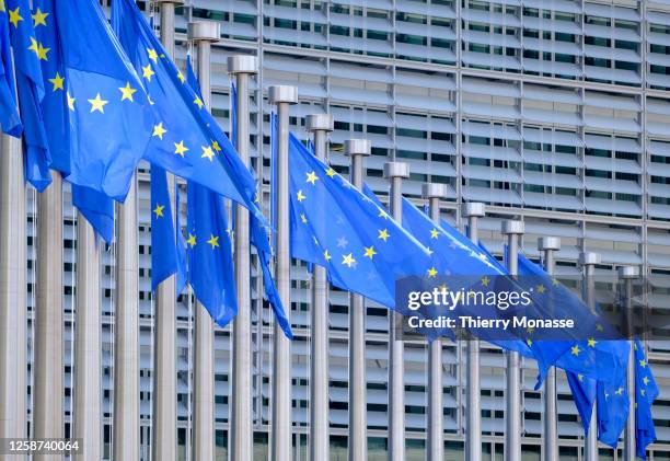 The EU flags flutter in the wind in front of the Berlaymont, the EU Commission headquarter on June 16, 2023 in Brussels, Belgium. The Flag of Europe,...