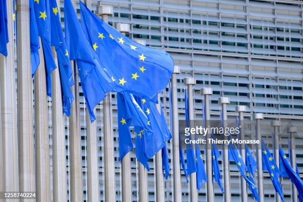 The EU flags flutter in the wind in front of the Berlaymont, the EU Commission headquarter on June 16, 2023 in Brussels, Belgium. The Flag of Europe,...