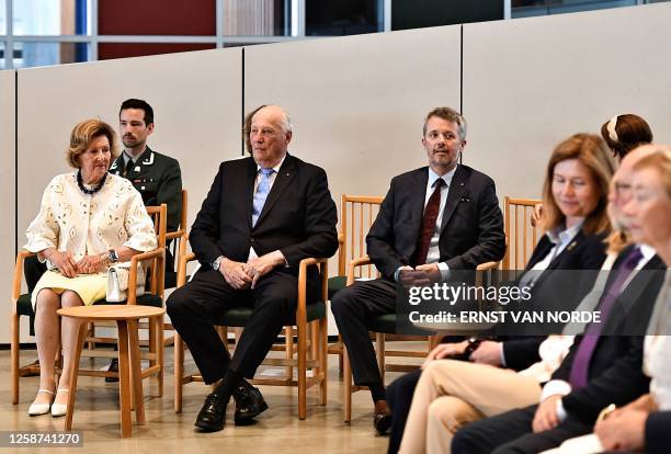 Norway's Queen Sonja, Norway's King Harald and Denmark's Crown Prince Frederik attend the Literature Festival at DOKK1 in Aarhus, on June 16, 2023....