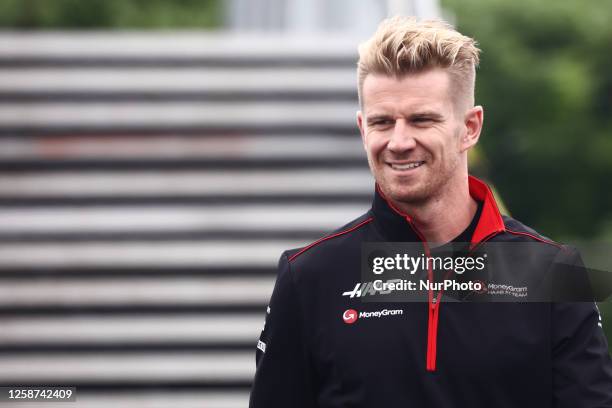 Nico Hulkenberg of Haas arrives before practice ahead of the Formula 1 Grand Prix of Canada at Circuit Gilles Villeneuve in Montreal, Canada on June...