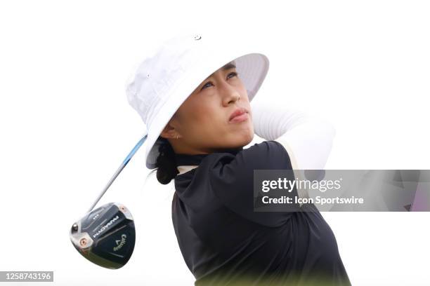 Golfer Amy Yang hits her tee shot on the 3rd hole on June 16 during the LPGA Meijer LPGA Meijer Classic for Simply Give at the Blythefield Country...