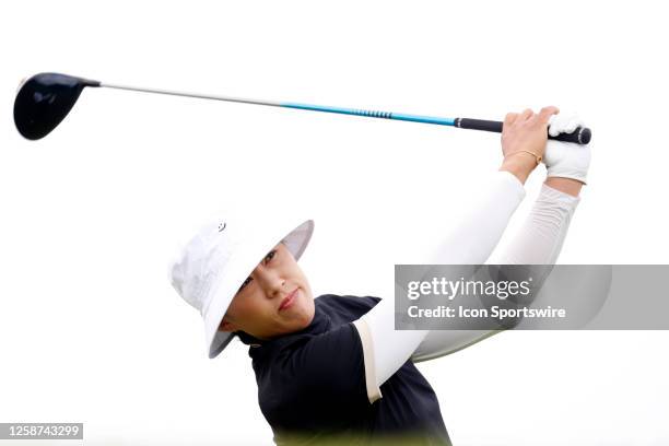 Golfer Amy Yang hits her tee shot on the 3rd hole on June 16 during the LPGA Meijer LPGA Meijer Classic for Simply Give at the Blythefield Country...