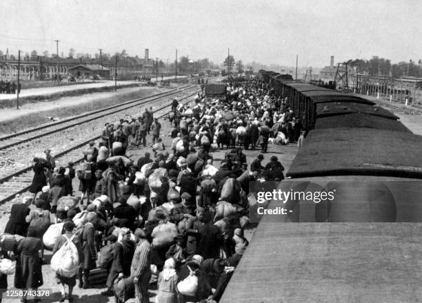 Photo taken 27 May 1944 in Oswiecim, showing Jews alighting from a train in the Auschwitz-Birkenau extermination camp. The Auschwitz camp was...