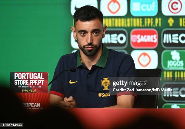 Bruno Fernandes of Portugal seen talking to media during a press conference at Cidade do Futebol on June 16, 2023 in Oeiras, Portugal.