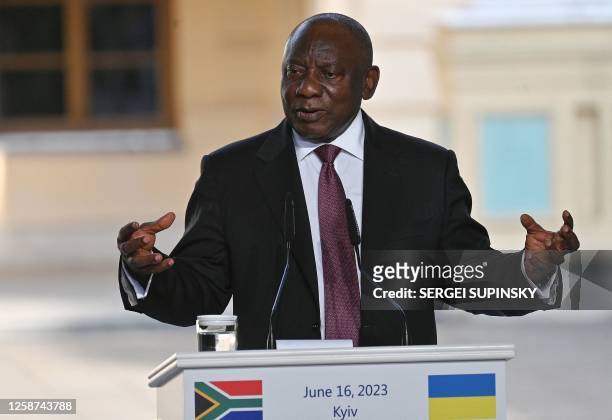 South Africa's President Cyril Ramaphosa gestures as he addresses media after talks in Kyiv on June 16, 2023. South African President Cyril Ramaphosa...