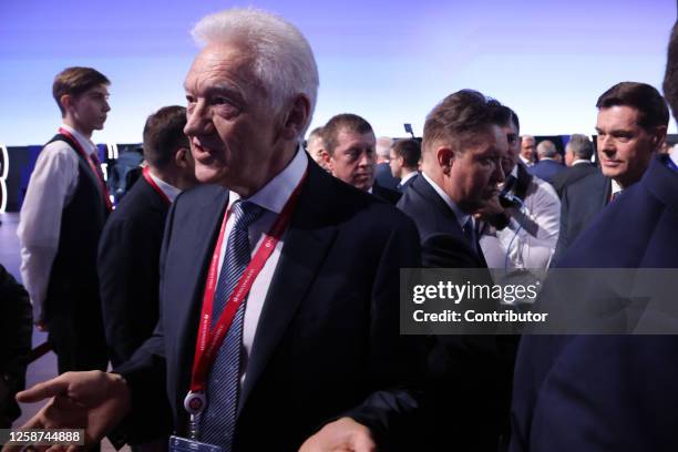 Russian billionaire and businessmen Gennady Timchenko , Herman Gref and Alexei Mordashov seen during the SPIEF 2023 St.Petersburg International...