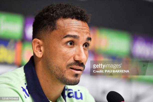 Brazil's defender Danilo addresses a press conference following a training session at the RCDE Stadium in Cornella de Llobregat on June 16 on the eve...