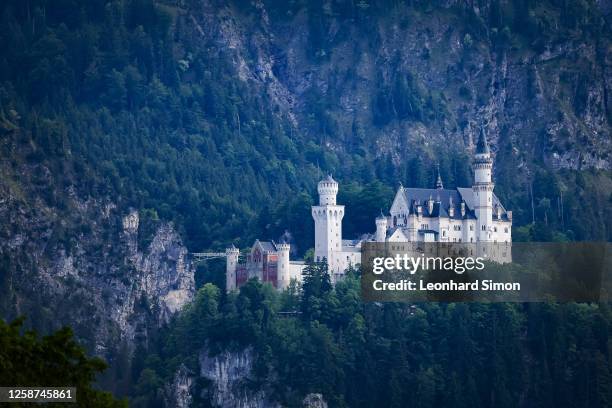 View of Schloss Neuschwanstein and the Marienbrücke bridge over the Poellat gorge after the death of a 21-year-old American student, on June 16 near...