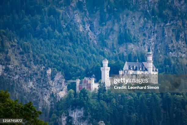 View of Schloss Neuschwanstein and the Marienbrücke bridge over the Poellat gorge after the death of a 21-year-old American student, on June 16 near...