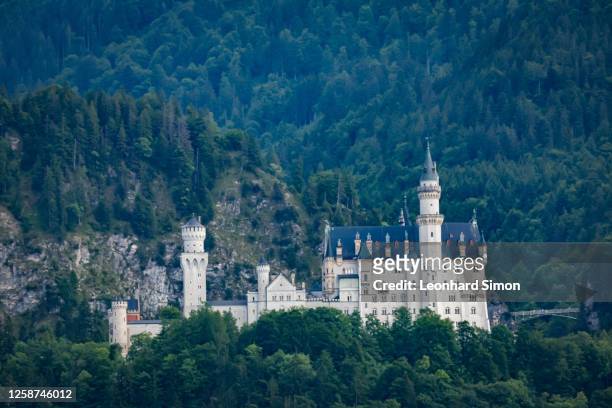 View of Schloss Neuschwanstein and the Marienbrücke bridge over the Poellat gorge after the death of a 21-year-old American student, on June 16 near...