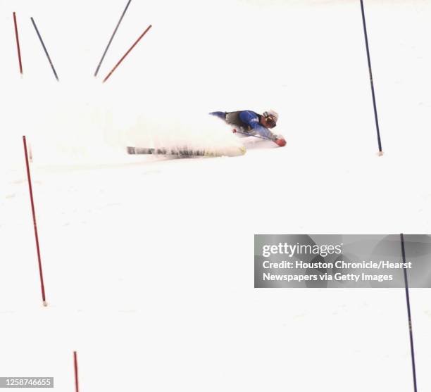 Jake Zamansky takes a nasty spill on the Wildflower course during the Men's Slalom competition at the USA Ski Team Gold Cup at Snowbasin, UT, Sunday,...
