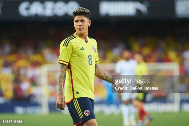 Jorge Carrascal of Colombia looks on during the International Friendly match between Colombia and Iraq at Estadio Mestalla on June 16, 2023 in...
