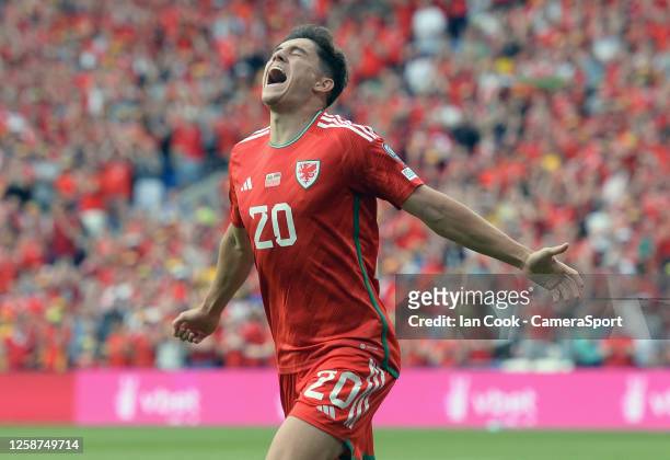 Wales' Daniel James celebrates scoring his side's first goal during the UEFA EURO 2024 qualifying round group D match between Wales and Armenia at...