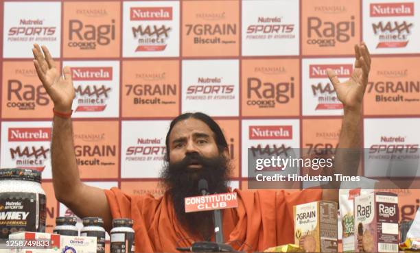 Yoga Guru Baba Ramdev during the launch of Patanjali premium products at Constitution Club of India, on June 16, 2023 in New Delhi, India. The...