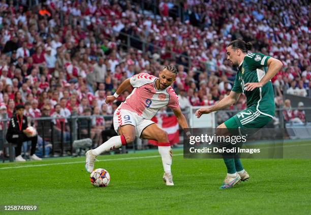 Martin Braithwaite of Denmark controls the ball during the UEFA EURO 2024 qualifying round group H match between Denmark and Northern Ireland at...