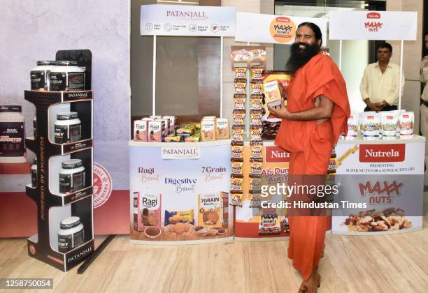 Yoga Guru Baba Ramdev during the launch of Patanjali premium products at Constitution Club of India, on June 16, 2023 in New Delhi, India. The...