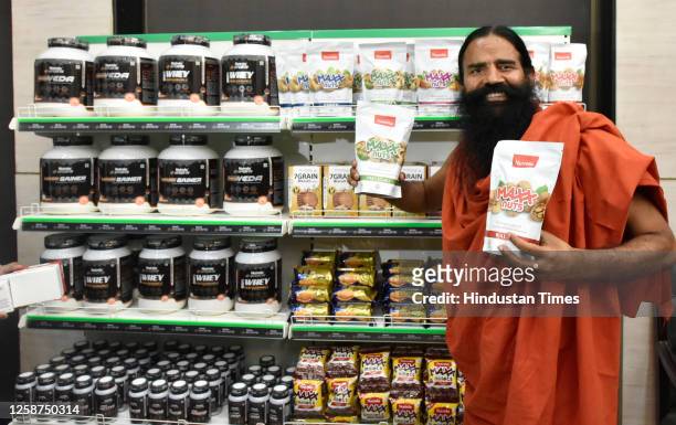 Yoga Guru Baba Ramdev during the launch of Patanjali premium products at Constitution Club of India, on June 16, 2023 in New Delhi, India. The...