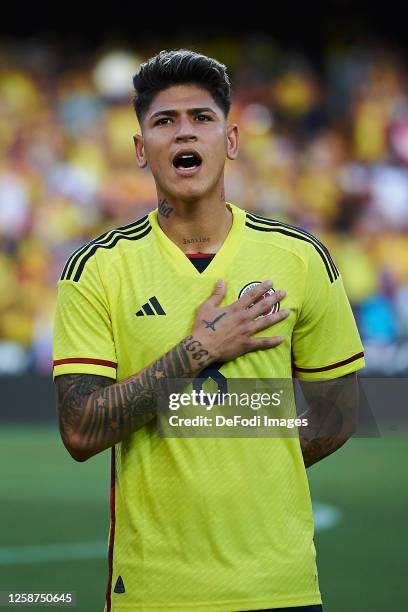 Jorge Carrascal of Colombia looks on prior to the International Friendly match between Colombia and Iraq at Estadio Mestalla on June 16, 2023 in...