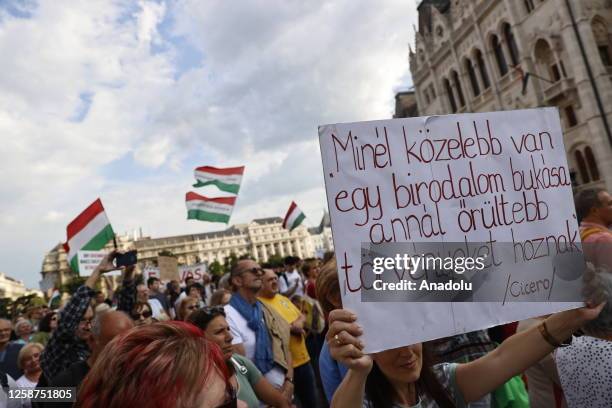 Teachers and students protest for better payment and working conditions outside the parliament in Budapest, Hungary on June 16, 2023. Hungarian...