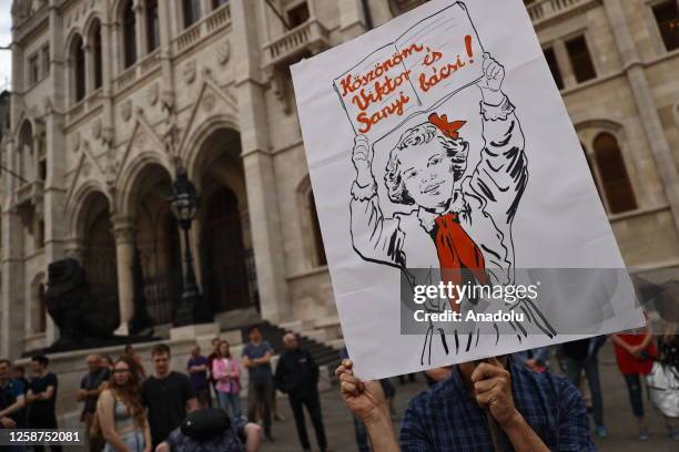 Teachers and students protest for better payment and working conditions outside the parliament in Budapest, Hungary on June 16, 2023. Hungarian...