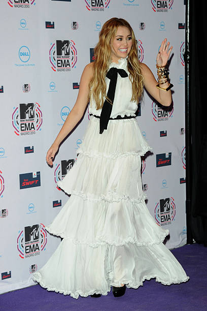 Miley Cyrus attends the MTV Europe Music Awards 2010 at La Caja Magica on November 7, 2010 in Madrid, Spain.