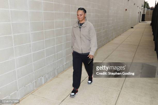 Kristi Toliver of the Washington Mystics arrives to the arena before the game against the Phoenix Mercury on June 16, 2023 at Entertainment and...