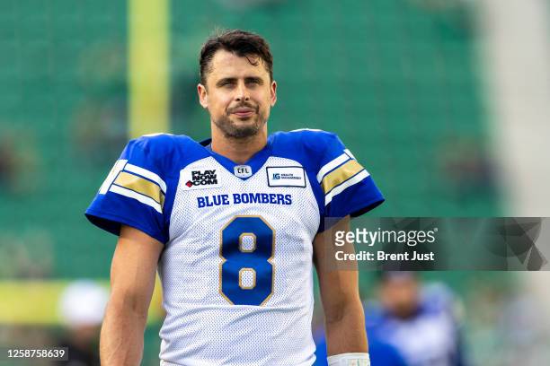Zach Collaros of the Winnipeg Blue Bombers on the field before the game between the Winnipeg Blue Bombers and Saskatchewan Roughriders at Mosaic...
