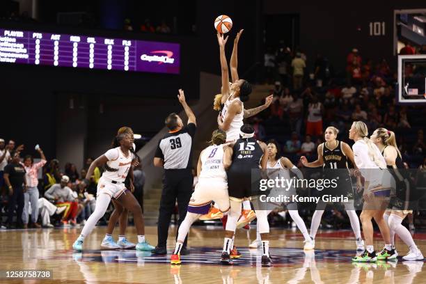 The opening tip-off of the game between the Phoenix Mercury and the Washington Mystics on June 16, 2023 at Entertainment and Sports Arena in...