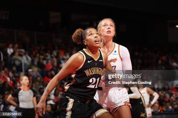 Players box out during the game between the Phoenix Mercury and the Washington Mystics on June 16, 2023 at Entertainment and Sports Arena in...