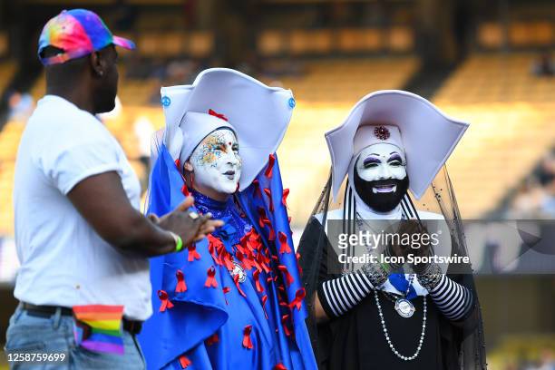 Sister Unity and Sister Dominia of the Sisters of Perpetual Indulgence honored on LGBTQ & Pride Night before the MLB game between the San Francisco...