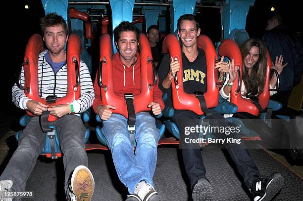 Actor/musician Lance Bass, Ryan Macaulay, Frank Meli and his sister riding "Silver Bullet" rollercoaster at Knott's Scary Farm Halloween Haunt held...
