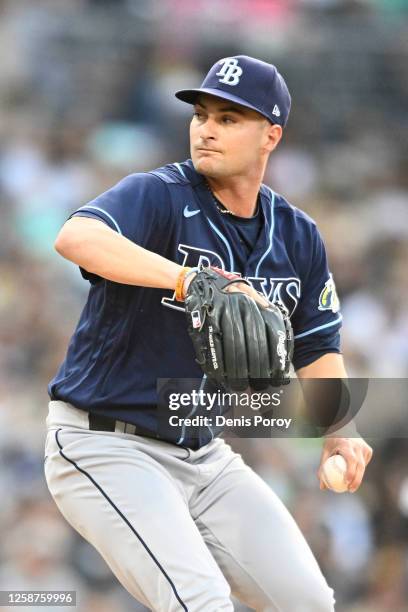 Shane McClanahan of the Tampa Bay Rays pitches during the first inning of a baseball game against the San Diego Padres at Petco Park on June 16, 2023...