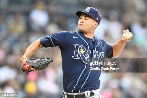 Shane McClanahan of the Tampa Bay Rays pitches during the first inning of a baseball game against the San Diego Padres at Petco Park on June 16, 2023...