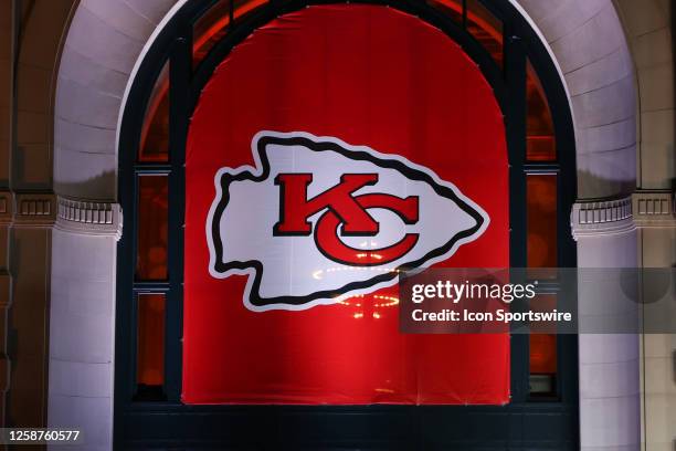 Kansas City Chiefs logo is illuminated on a banner during the Super Bowl Championship Ring Ceremony on June 15, 2023 at Union Station in Kansas City,...