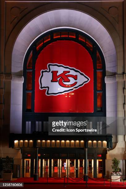 Kansas City Chiefs logo is illuminated on a banner during the Super Bowl Championship Ring Ceremony on June 15, 2023 at Union Station in Kansas City,...