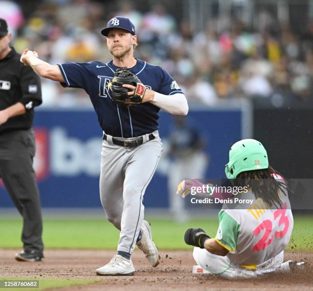 Taylor Walls of the Tampa Bay Rays throws over Fernando Tatis Jr. #23 of the San Diego Padres to turn a double play during the second inning of a...