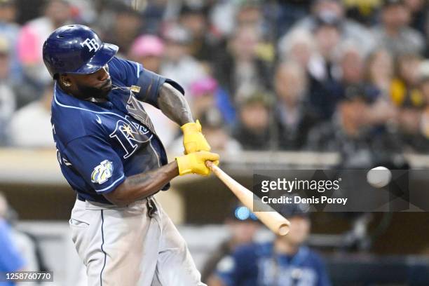 Randy Arozarena of the Tampa Bay Rays hits a three-run home run during the fifth inning of a baseball game against San Diego Padres at Petco Park on...