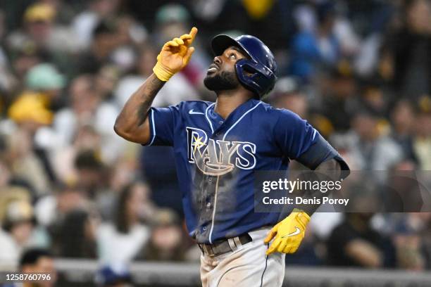 Randy Arozarena of the Tampa Bay Rays celebrates after hitting a three-run home run during the fifth inning of a baseball game against San Diego...