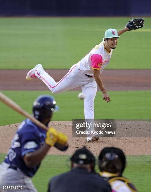 San Diego Padres starting pitcher Yu Darvish throws against the Tampa Bay Rays during a baseball game at Petco Park in San Diego, California, on June...