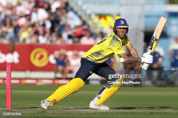 Brydon Carse of Durham in batting action during the Vitality T20 Blast match between Durham vs Derbyshire Falcons at the Seat Unique Riverside,...