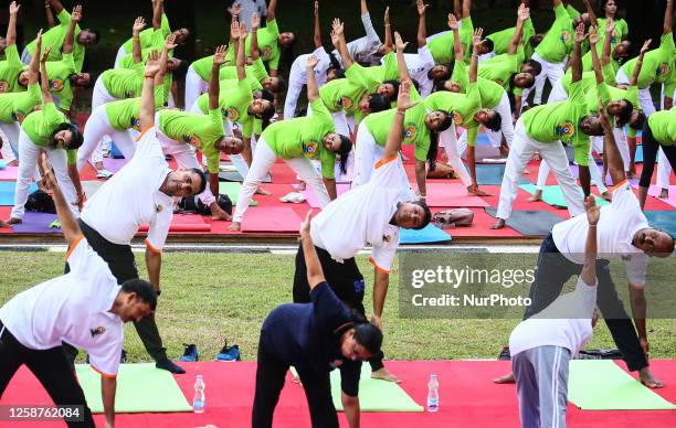 Participants perform yoga during an event to mark International Yoga Day at Independence Square, Colombo, Sri Lanka on 17 June 2023. International...