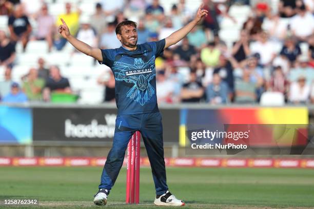 Zaman Khan of Derbyshire celebrates the wicket of Luke Doneathy of Durham during the Vitality T20 Blast match between Durham vs Derbyshire Falcons at...