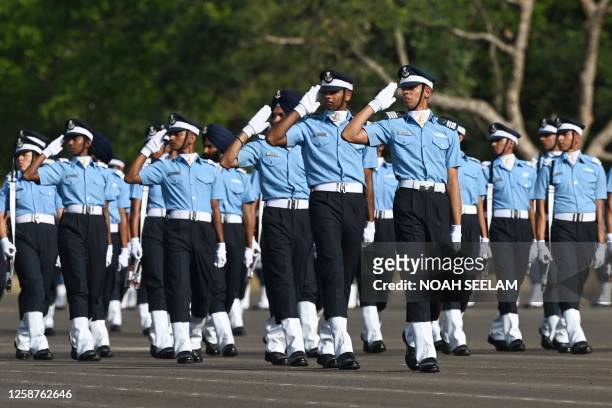 Indian Air Force academy flight cadets march during a graduation parade and ceremony at the Air Force Academy in Dundigal, on the outskirts of...